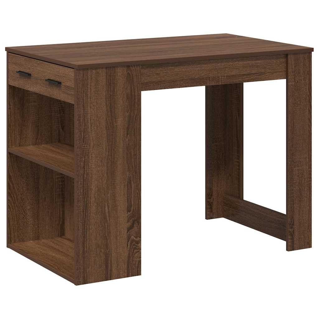 Bureau marron aspect chêne avec tiroirs et étagère petite table de travail compacte et polyvalente