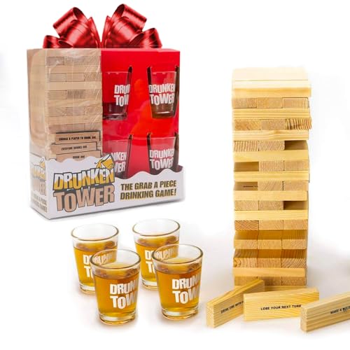 Original DrunkenTower® | Pegue uma peça com desafios | 60 blocos de madeira, 4 copos de shot, conjunto de beber, bebidas para festa, festa em casa, OriginalCup®