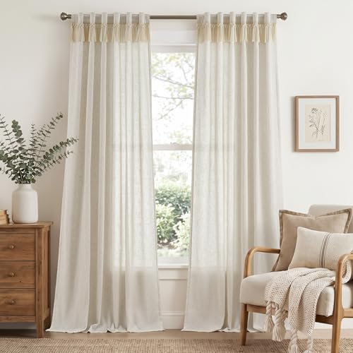 Image of jinchan Linen Curtains for Living Room Bedroom Light Filtering Semi Sheer Curtains Boho Farmhouse French Country Cottage Core Decor Window Drapes Back Tab 90 Inch Length Tassel Beige