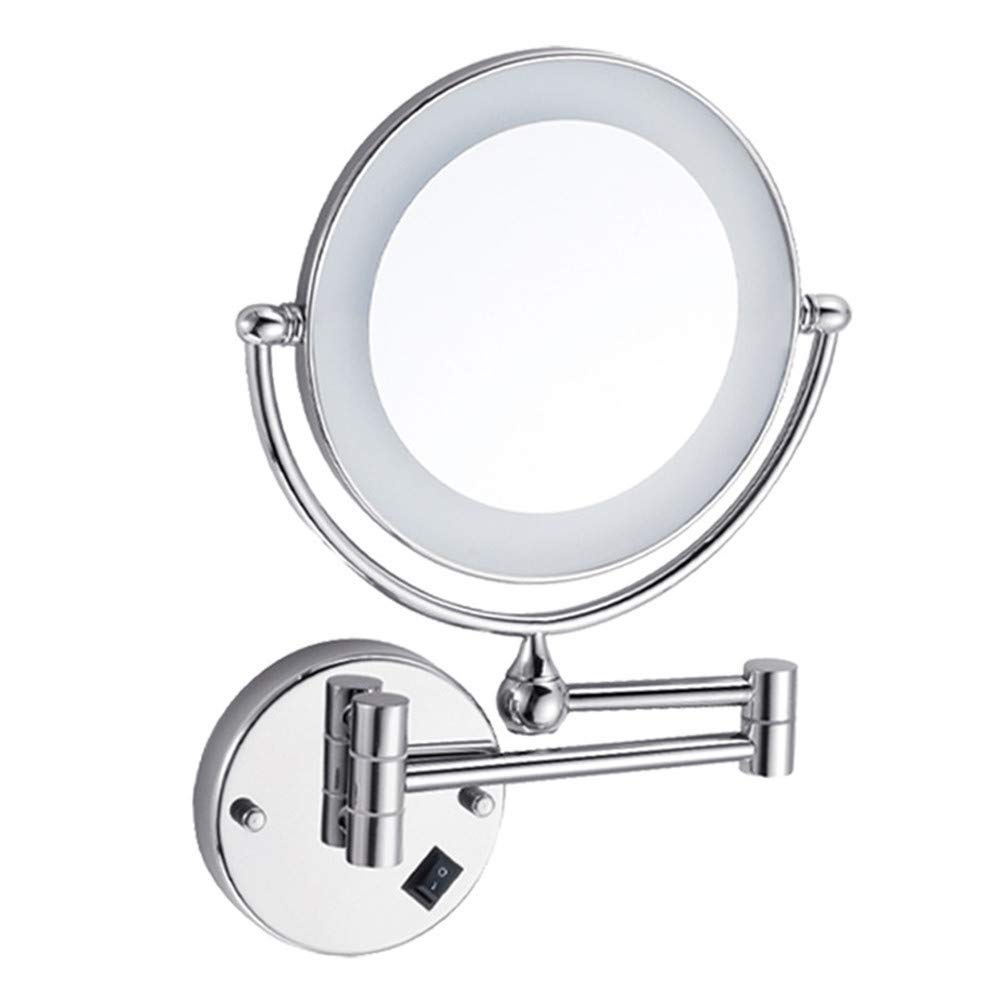 Espejo de maquillaje Montaje en pared, giratorio 360° Doble Cara Normal + Aumento de 10X Espejo de baño Espejo de belleza plegable de Forma Redonda extensible con Luz LED,Silver White_8inch