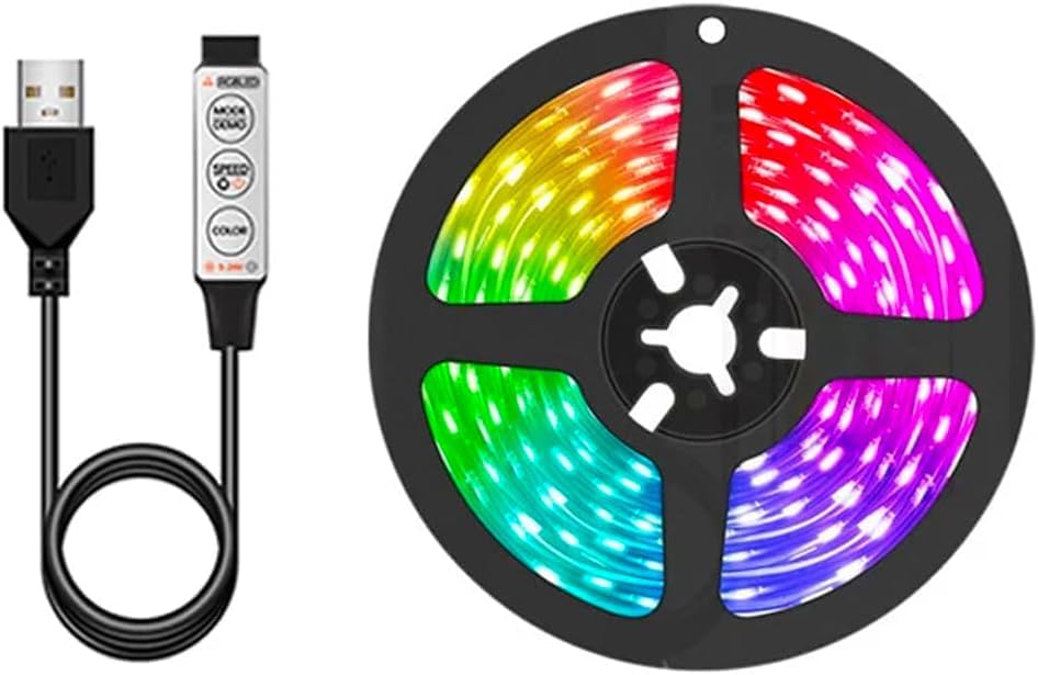 A coiled LED strip light connected to a USB cable with an inline 3-button controller.
