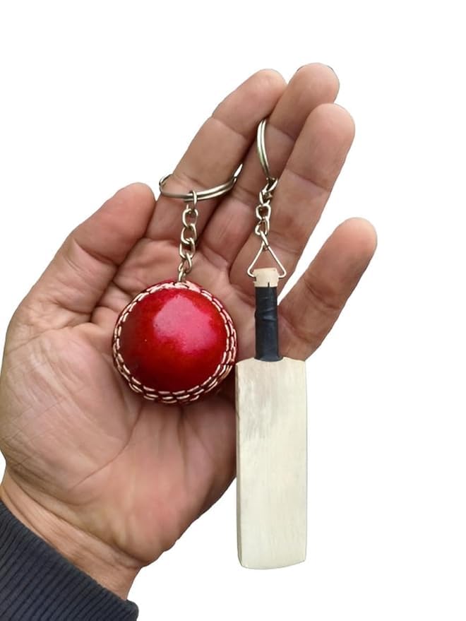 FLYER Cricket Bat & Ball Keychain Set, Miniature Sports Accessory with Red Leather Ball and White Wooden Bat, Metal Keyring