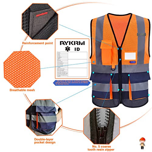 Image of High Visibility Mesh Vest with Breathable, Zipper, Orange /Navy, L | Orange /Navy L mesh vest with 7 pockets, reinforced zipper pockets and black front zipper for road work; unisex workwear.