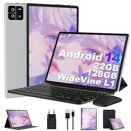 2025 Tablet de 10,1 pulgadas, Android 14 Octa-Core 22 GB RAM + 128 GB ROM 1TB TF, Widevine L1,5G+2,4G WiFi, GMS, BT 5.0, 8000 mAh, 8 MP+5 MP, 1280 x 800, Face ID, GPS, Type C, Tablet PC con teclado