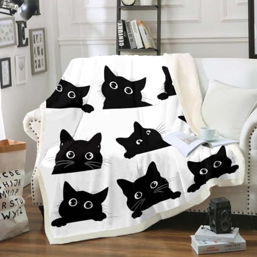 Image of Feelyou Black Cat Blanket for Kids Toddler Cute Pet Cats Pattern Fleece Throw Blanket Lovely Kitten Plush Blankets and Throws Super Soft Cozy Animal Sherpa Blanket for Couch Bed Sofa 50 inchx60 inch White