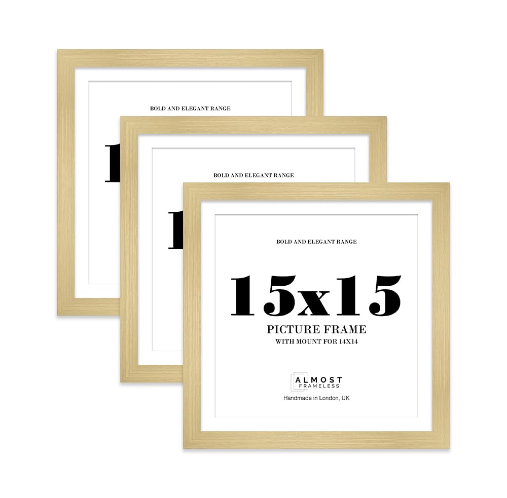 15x15" Gold Square Frame With Mount for 14x14" Pictures 28mm Edge Frame Display with Wall Hooks, 3 Pack