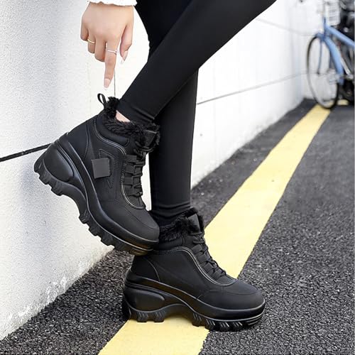 Women's Color Matching Platform Casual Sneakers Retro Round Head Plus Velvet Warm Chunky Non-Slip Fashion Lace-Up Dad Shoes Comfortable Wedge Heel Walking Sneakers 6
