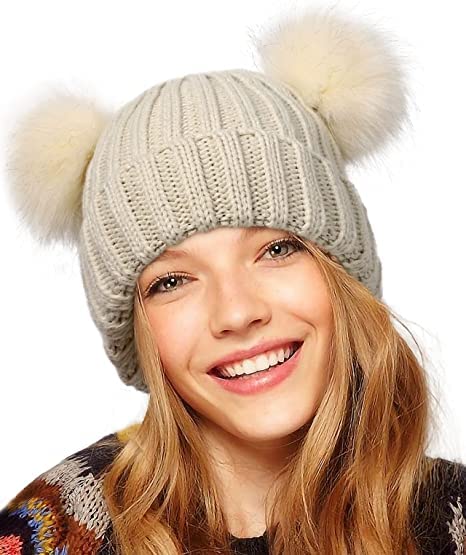 magic Toddler Double Pom Pom Beanie Women Winter hat Warm Soft Toddler Cap Cute Knitted Beanie for Women (Beige)-picture-25