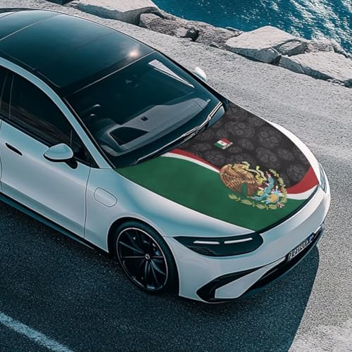 Image of Renewold Mexican Flag Skull, Car Hood Cover Protector, Vehicle Hood Wrap Blanket, Women Men Automotive Exterior Accessories, Elastic for Outdoor Indoor Holiday