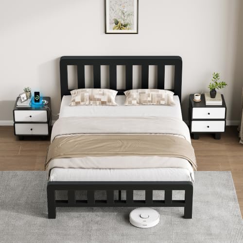 Image of Full Size Metal Platform Bed Frame with Movable USB Charging Ports | 2000 Lbs Heavy Duty Noise-Free Steel Slats, 10 inch Under Bed Storage, Thickened Vertical Slatted Headboard, for Teens Dorm Adult