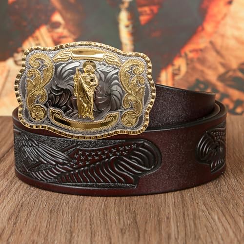 Image of WMG Western St Jude Belt Buckle Gold Silver Saint Jude San Judas Cowboy Buckle Hebilla Vaquero Rodeo