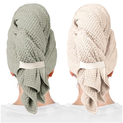 Image of ROLSHOL 2 Packs Large Microfiber Hair Towels for Women, Super Absorbent & Quick Dry Hair Towel Wrap for Curly Hair Long & Short Hair- Anti-Frizz Hair Turbans for Wet Hair (Green & Clay)