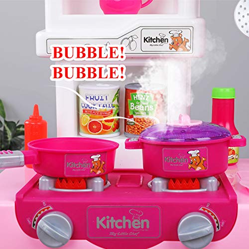 Temi Kitchen Playset Pretend Food - 34 PCS Kitchen Toys for Toddlers, Toy Accessories Set w/ Real Sounds and Light, Suitable Height (Pink)