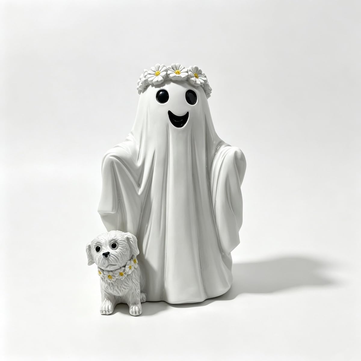 SolvixEdge Halloween Cute Ghost Walking The Dog Statue, Spooky Decorative Ghost Figurine Tabletop Ornament for Indoor Home Decor