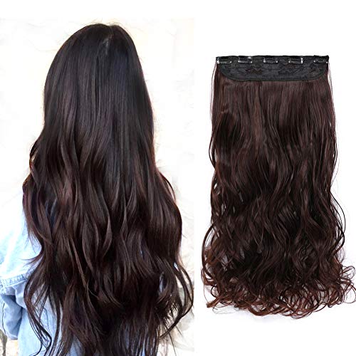 Rosa Star 1-pack 3/4 Full Head Curly Wave Clips in on Synthetic Hair Extensions Hair pieces for Women 5 Clips Hair Extension (16inch, Dark Brown 2/33#)