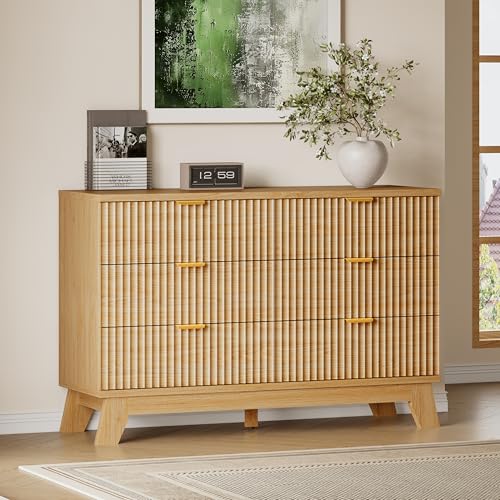 Image of BORNOON Fluted 6 Drawer Dresser, 47.2 inch Wide Modern Boho Chest of Drawers, Wooden Storage Dresser TV Stand for Bedroom, Living Room, Closet, Hallway, Curved Profile Design