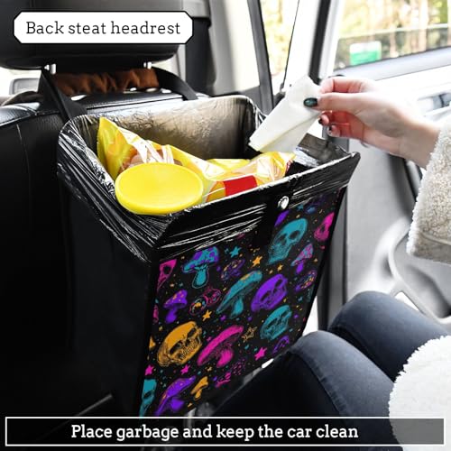 Image of Car Trash Can Organizer Bin with Adjustable Strap for Back Front Seat Console Waterproof Leakproof Collapsible Portable 8.66 Inch Neon-colored Skulls Stars Mushrooms