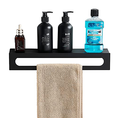 RHRYTCH Estante de baño montado en la pared, estantes de ducha sin taladro, estantes de ducha con toallero, autoadhesivo, aluminio para cocina, inodoro, negro, 300 mm (negro, 300 mm)