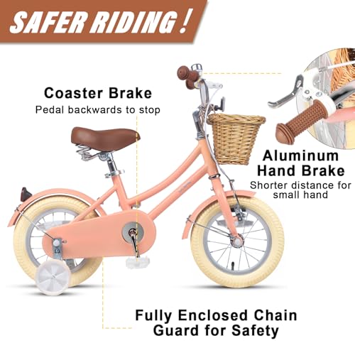 Image of Glerc Little Molly 12-20 Inch Kids Retro Cruiser Bike for 2-13 Year Old with Wicker Basket & Training Wheels /Kickstand, Multiple Colors