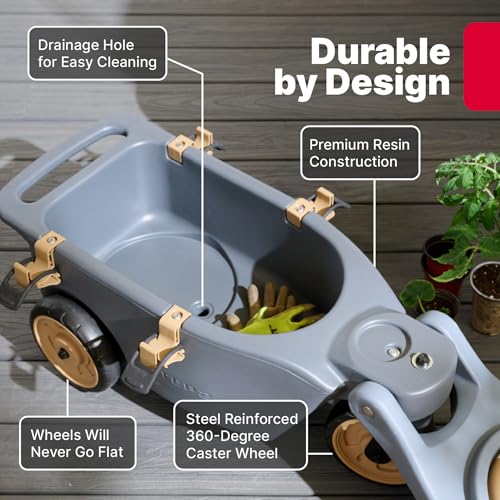 Image of Step2 EverTough Garden Hopper Rolling Gardening Cart with Seat, Heavy-Duty Wheels, Tool Storage, Durable Resin Yard Wagon, Easy to Clean, 300 lb Capacity