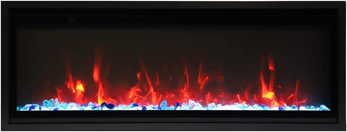 Amantii WM-55-XS electric fireplace displaying red and blue flames with blue decorative media
