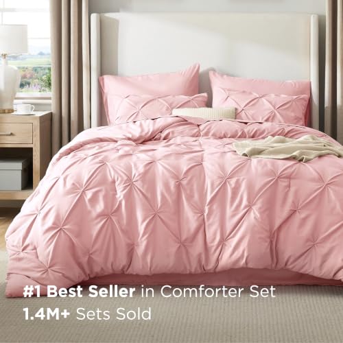 Image of Bedsure King Size Comforter Set Pink - Bed in a Bag Bedding Set 7 Pieces, GentleSoft Pintuck Bed Set Gift for Family, All Season Down Alternative Comforter with Sheets, Pillowcases & Shams