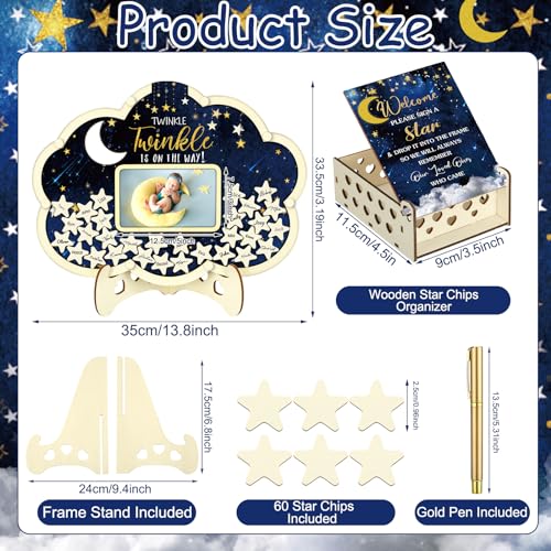 Image of Wenqik 63 Pcs Moon and Star Baby Shower Guest Book Alternatives Set Baby Shower Decorations with Photo Frame Sonogram Frame Keepsake 60 Wood Slices Guest Book for Birthday