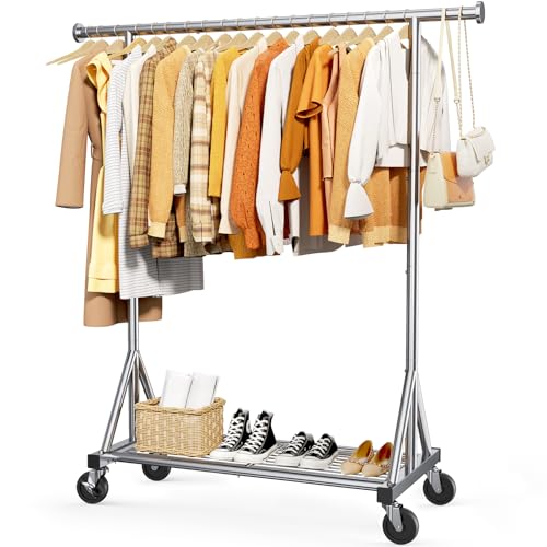 Sakugi Heavy Duty Stainless Steel Rolling Clothes Rack with Mesh Shelf, Lockable Wheels & Anti-Slip...
