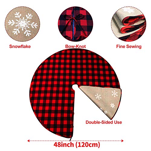 Ourwarm 48 Inch Christmas Tree Skirt Red And Black Buffalo Plaid Christmas Tree Skirt, Double Sided Burlap Tree Skirt Snowflake Xmas Tree Skirt For Holiday Rustic Vintage Christmas #TOP1