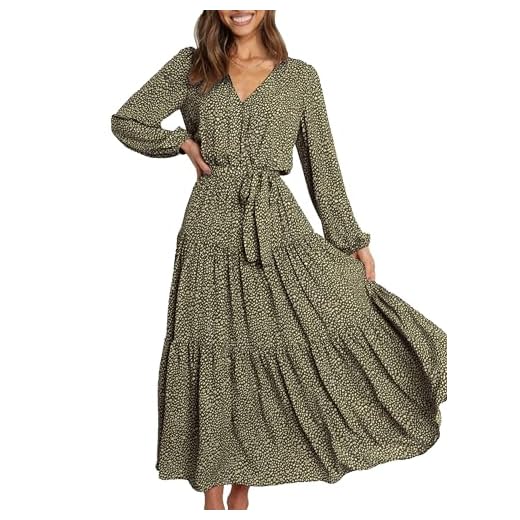 PRETTYGARDEN Women's Long Sleeve V Neck Leopard Print Ruffle Maxi Dress Tie Waist Boho Chiffon Flowy Long Dress (Green, Small)