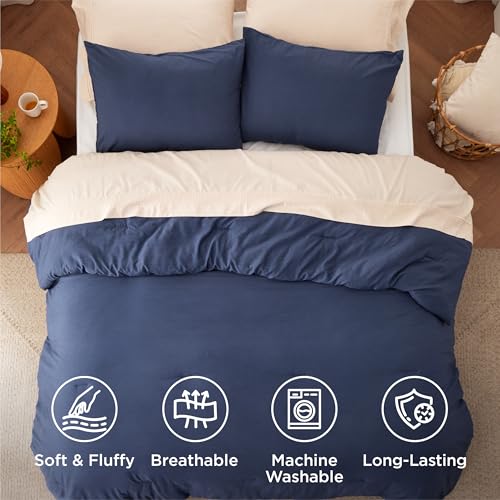 Image of Bedsure Super King Plus Comforter Set, Navy Soft Prewashed Bedding for All Seasons, 3 Pieces GentleSoft Bed Set, 1 Lightweight Comforter (128 inchx120 inch) and 2 Pillowcases (20 inchx36 inch)