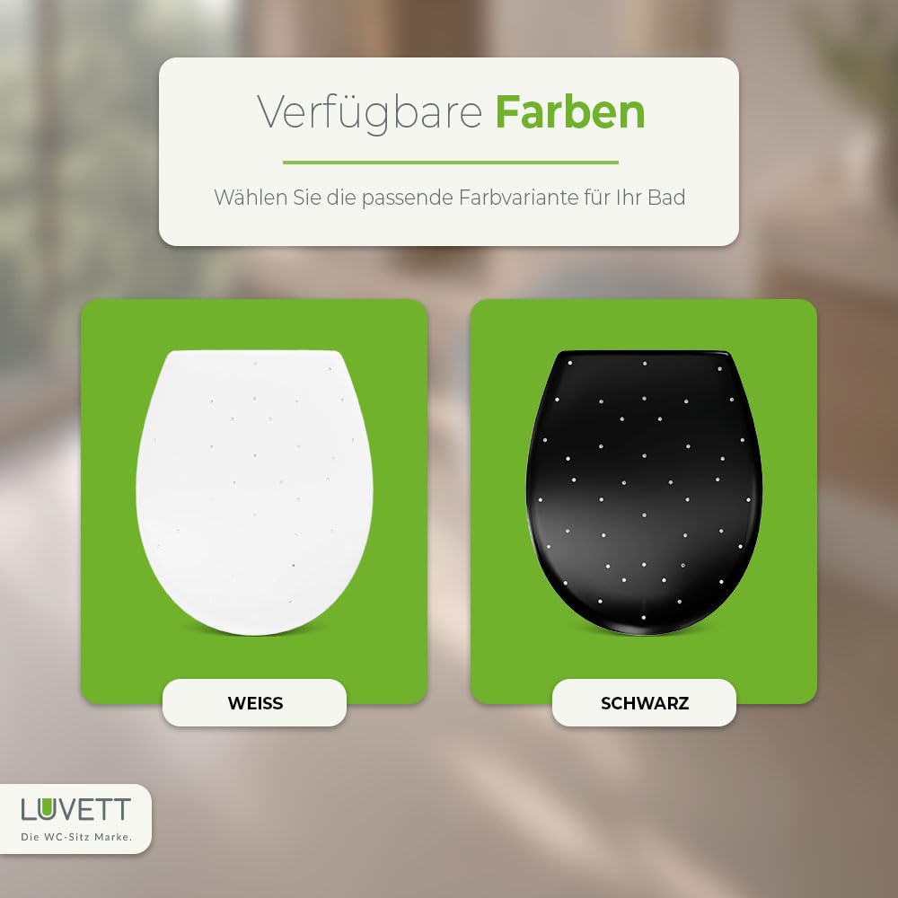 LUVETT S100 WC-Sitz Glitzersteine Oval SoftClose TakeOff EasyClean Weiß | Mit 44 Glitzersteinen in Handarbeit. Duroplast WC-Sitz mit SoftClose Absenkautomatik und 3-in-1 Edelstahl-Befestigungsset.