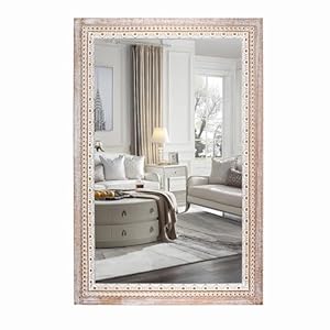36×24 Inch Wooden Rectangle Bathroom Mirror with Beaded Frame, Rustic Farmhouse Decorative Wall Mirrors for Over Sink, Living Room, Entryway (Horizontal/Vertical Mounting)