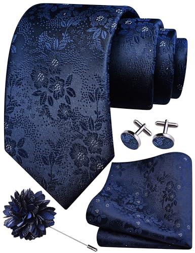 GUSLESON Navy Blue Tie for Men Floral Fashion Wedding Necktie Pocket Square Cufflinks and Lapel Pin Brooch Set (6107-03)