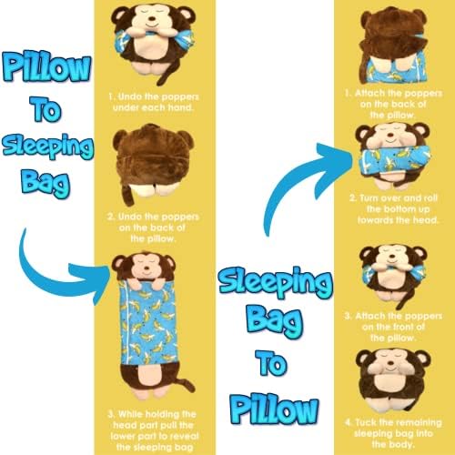 Kids Sleeping Bag With Pillow - Monkey 3-In-1 Large Sleeping Bag For Children Converts Into A Happy Napping Play Pillow & Pjama Case. Animal Childrens Sleeping Bags & Cute Pillow Nap Toy For Boys & Girls