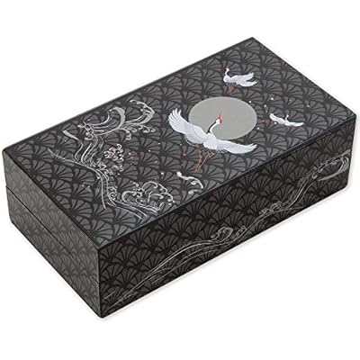 Bits and Pieces 10 Step Secret Puzzle Box Japanese Crane Puzzle Gift Box for Trinkets Money Gifts Jewelry, Full Moon and Lotus Flowers Artwork, Black and Grey Brainteaser, 3.25 x 6.25 x 2 Inches