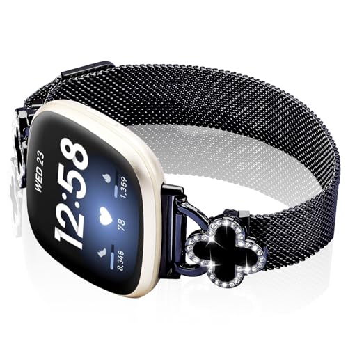 Band Compatible with Fitbit Sense/Sense 2 Versa 3/Versa 4 for Women Stainless Steel Magnetic Strap Adjustable Four Leaf Clover Watch Bands.