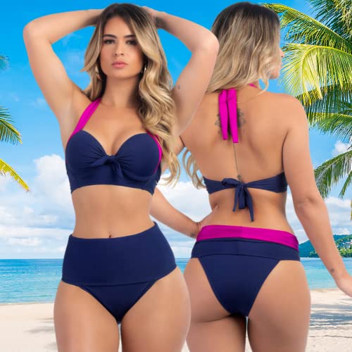 Biquíni Meia Taça Com Bojo Sustentação E Calcinha Hot Pant Cor:Azul Marinho Com Rosa;Tamanho:GG (46-