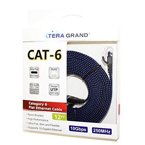 Tera Grand - 12 Ft Cat6 10 Gigabit Ethernet Ultra Flat Braided Network Cable, Black/Blue, Computer Internet Lan Cable With Snagless Rj45 Connectors (12 Feet) #TOP6