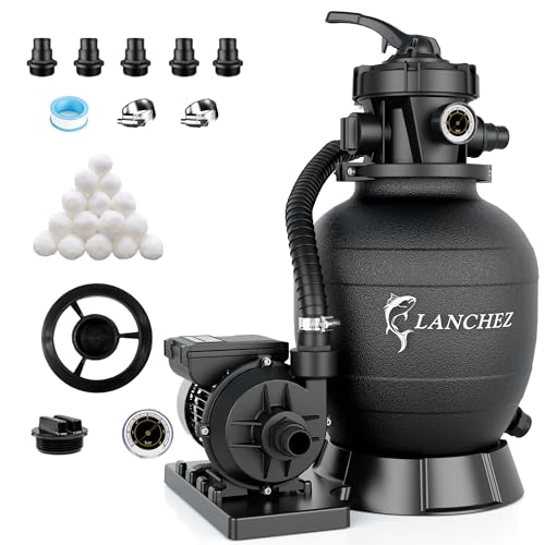 LANCHEZ Système de Filtration à Sable pour Piscine 9 m³/h, Filtre Piscine avec Pompe 250 W, Vanne 7 Voies, Manomètre, Adaptateurs Ø32/38 mm, Billes...