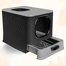 Caixa de Areia Fechada Luxo para Gatos - Banheiro Pet com Porta Transparente, Gaveta e 2 Comedouros(SB LUXO+PENEIRA - BLACK/CINZA)