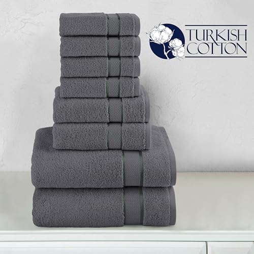 Image of Elegant Comfort Premium Cotton 8-Piece Towel Set, Includes 4 Washcloths, 2 Hand Towels and 2 Bath Towels, 100% Turkish Cotton - Highly Absorbent and Super Soft Towels for Bathroom, Grey