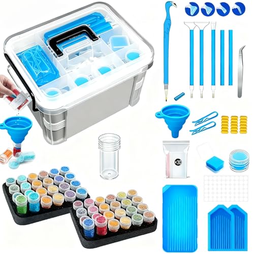 Diamond Painting Tools Accessories Storage-Kit - CXJINZE 111Pcs 5D Set Portable Tool Box with Handle Craft Jewelry Bead Storage Blue Box Art Trays for Diamond Painting Accessories and Tools