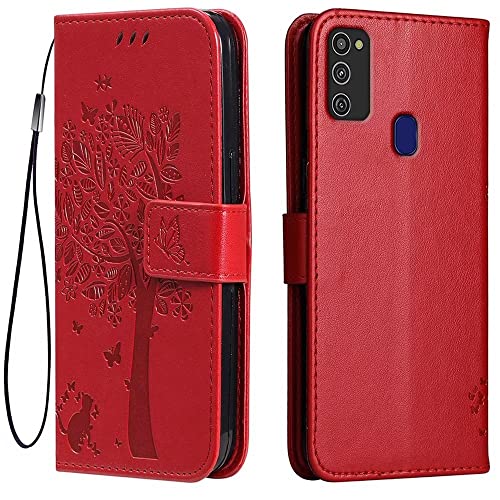 Topme Custodia in Pelle per Samsung Galaxy M21 / Galaxy M30s (6.4' Inches), [ Cover per Telefono in Stile Gatto e Albero] - Rosso