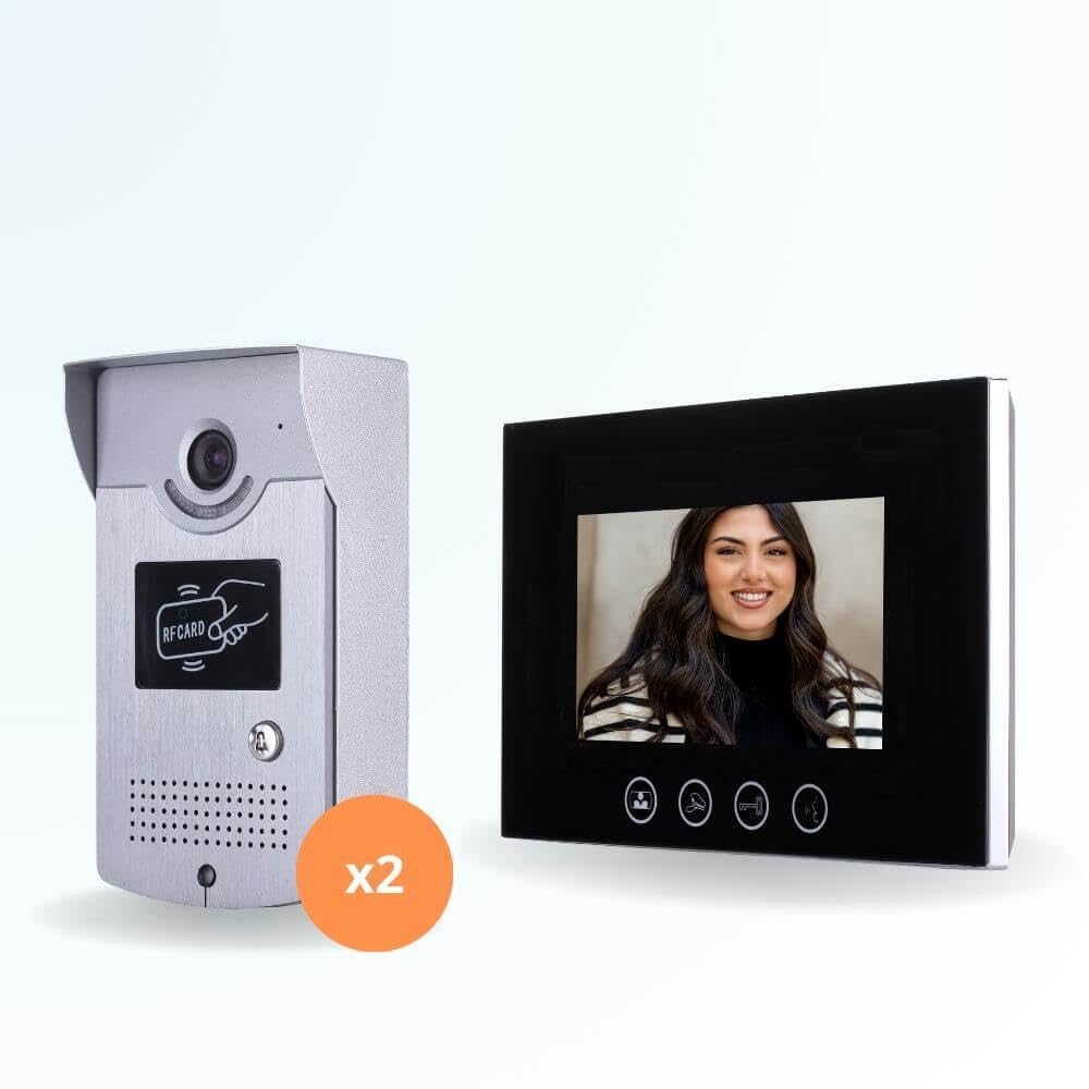 Portier interphone vidéo Cards 4 Fils pour 2 entrées - 1 Appartement - 2 platines - 1 écran Noir 7" - avec mémoire Photos - avec Lecteur de Badge
