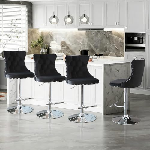 Set de 4 Butacos Giratorios de Barra de Terciopelo de 33" con Respaldo, Altura Ajustable, Sillas Modernas Tapizadas con Patas Plateadas para Isla de Cocina, Barra y Comedor (Negro y Patas Plateadas) miniatura 1