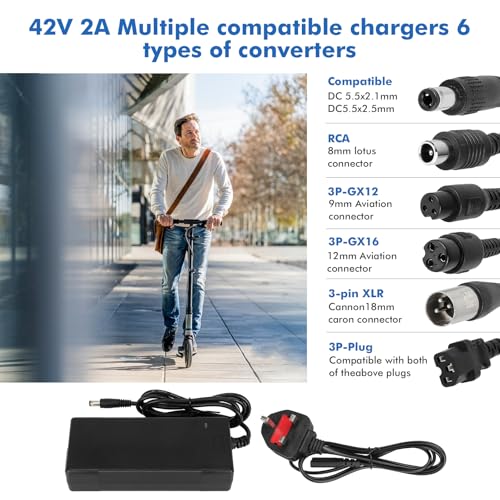 HPGAAVD 42 V 2 A oplader voor elektrische scooter, 36 V universele oplader met 6 aansluitingen voor hoverboard, scooter Xiaomi Ninebot, evenwichtige fiets, driftboard - Afbeelding 3