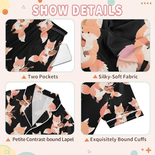 senya Fox Playing Violin Satin Summer Pajama Sets Silk Short Sleeve Button Down Sleepwear3