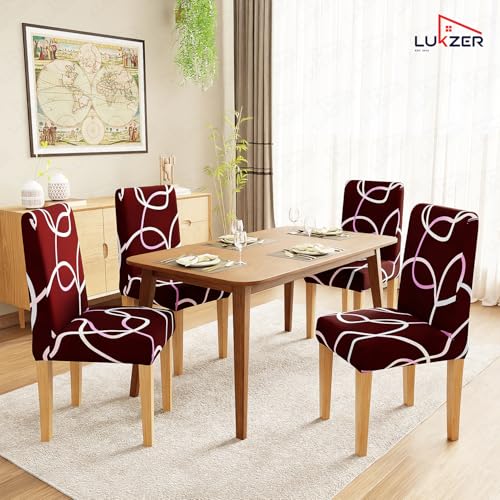 Image of Lukzer 1PC Red Swirl Stretchable Dining Chair Cover | Universal Fit Removable Washable Slipcover | 140 GSM Polyester + Spandex | Elastic Protective Cover for Home & Hotel Chairs Seat Slipcover