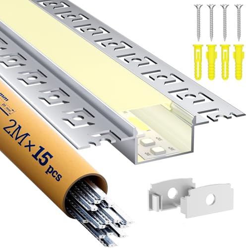 LASLUX 15 x Profilo Alluminio per Strisce LED 2M, Profilo Cartongesso per Barra Led, Installazione Superficiale per Illuminazione Indiretta del Soffitto, Compatibile con Diffusore Led e Canaline led